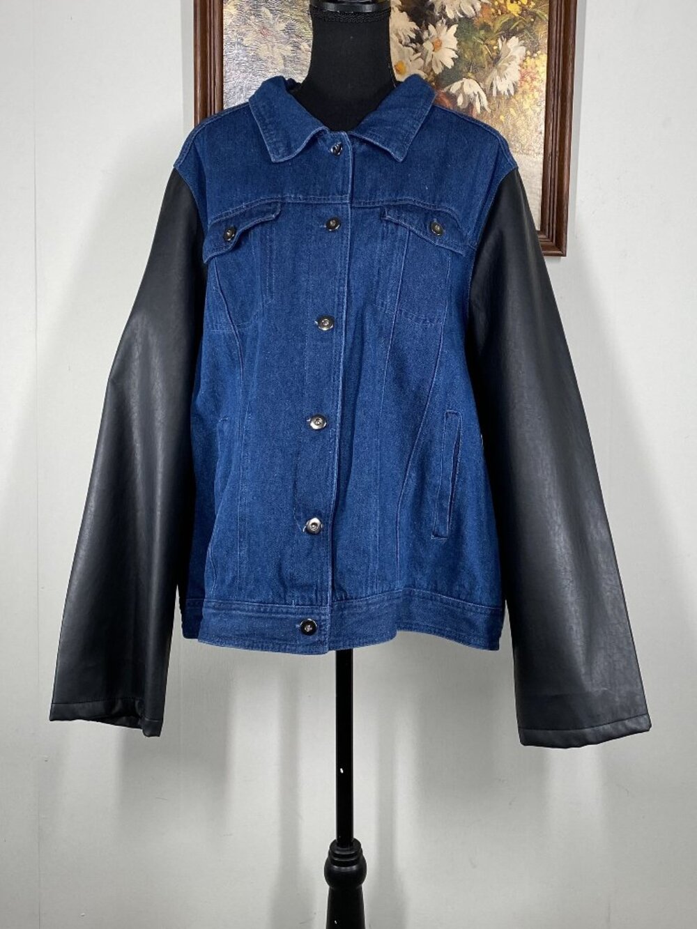 Miss London Denim Jean Jacket Women's 3X Blue Black Faux Leather Sleeves